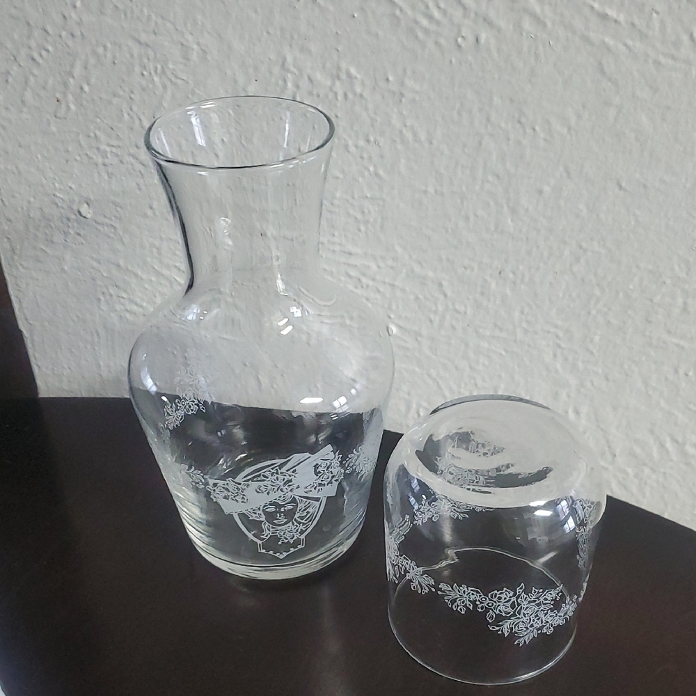 Etched Clear Glass Carafe and Tumbler Set